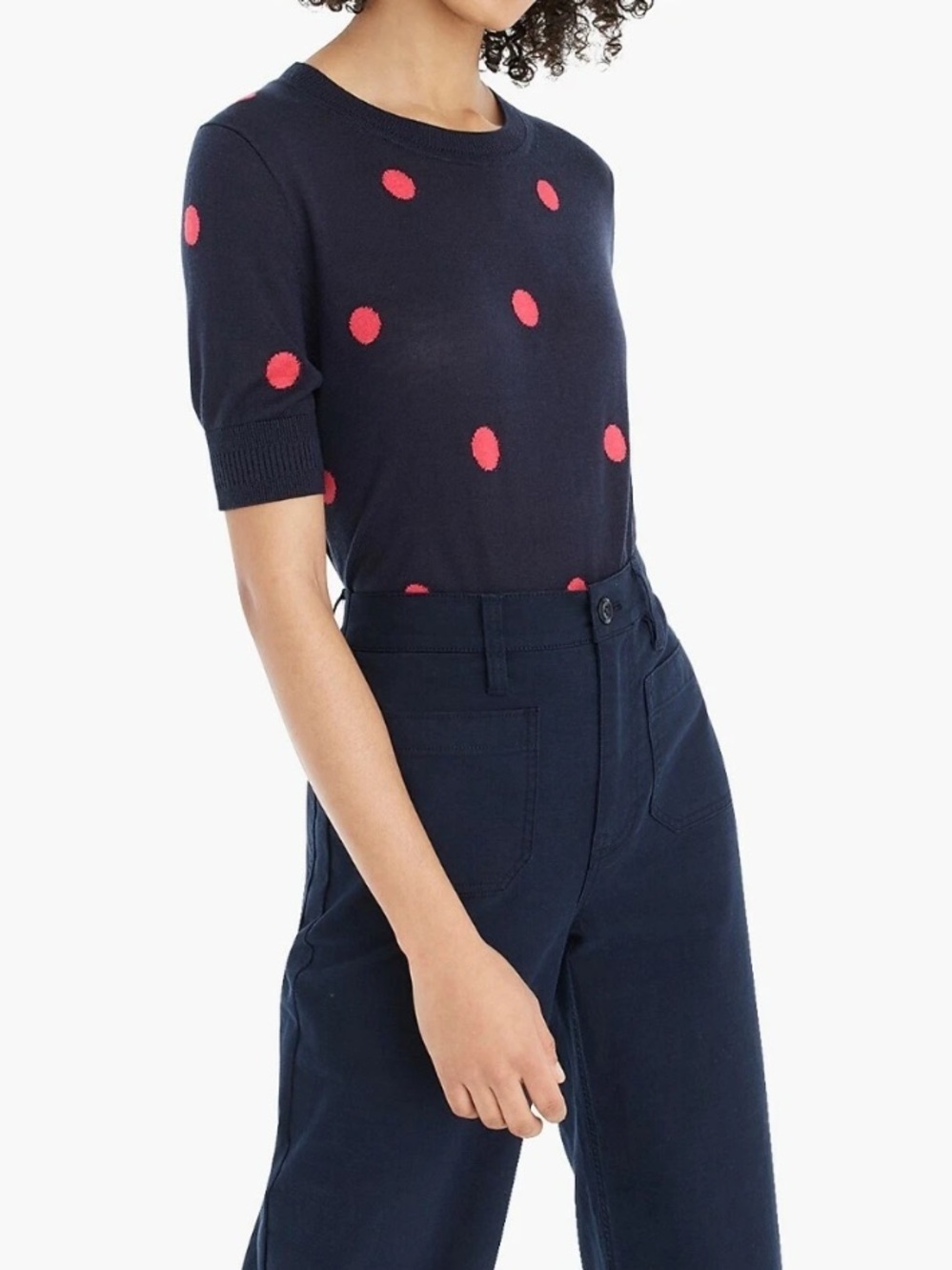 J. CREW Sweater DOT Silk Tencel Polka Crewneck Navy Poppy Fitted medium